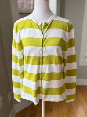 IZOD Chartreuse Green and White Stripe Cotton Nylon Cardigan Sweater Size Medium